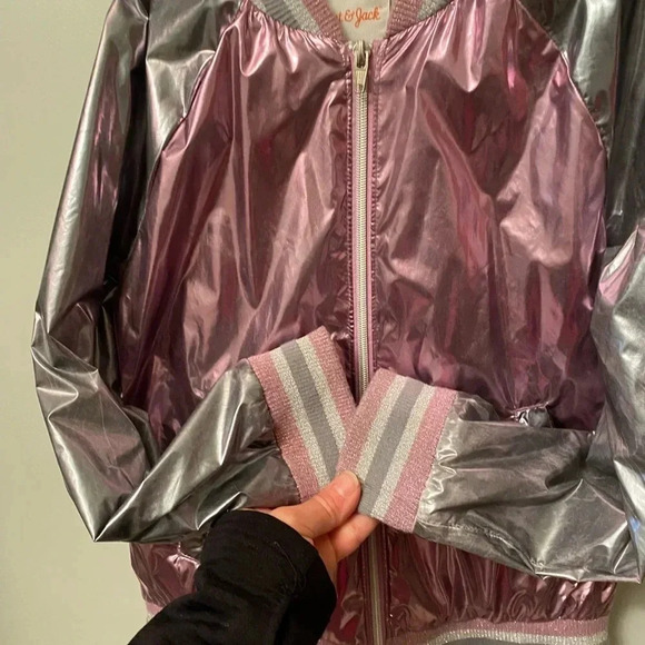 Cat & jack silver and pink shiny lightweight zip up jacket medium 7/8  ribbed - Picture 6 of 11